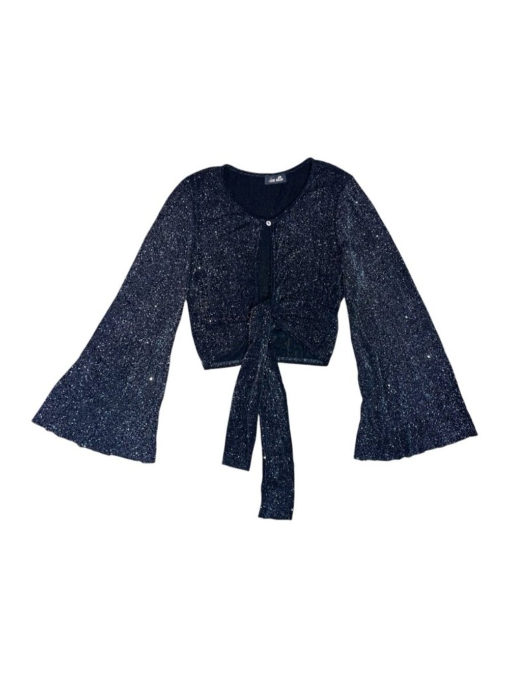 dee elle Bell Sleeve Tie Front Sparkle Top Black Silver Women’s Small